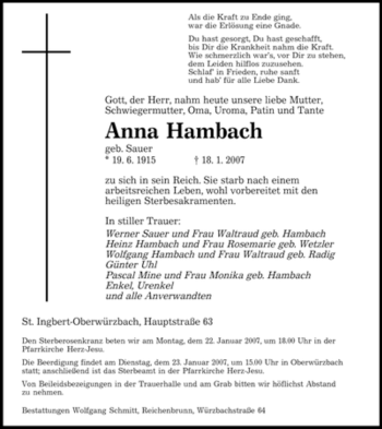 Todesanzeige von Anna Hambach von SAARBRÜCKER ZEITUNG