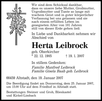 Todesanzeige von Herta Leibrock von SAARBRÜCKER ZEITUNG
