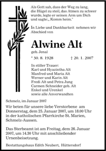 Todesanzeige von Alwine Alt von SAARBRÜCKER ZEITUNG