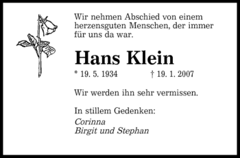 Todesanzeige von Hans Klein von SAARBRÜCKER ZEITUNG