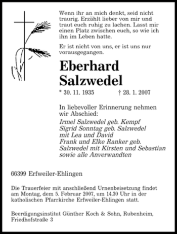 Todesanzeige von Eberhard Salzwedel von SAARBRÜCKER ZEITUNG