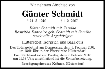 Todesanzeige von Günter Schmidt von SAARBRÜCKER ZEITUNG
