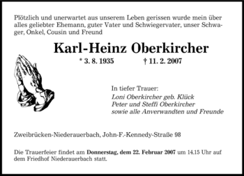 Todesanzeige von Karl-Heinz Oberkircher von SAARBRÜCKER ZEITUNG