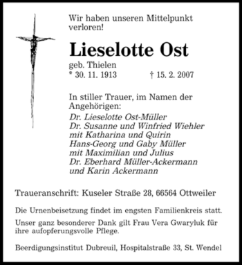 Todesanzeige von Lieselotte Ost von SAARBRÜCKER ZEITUNG