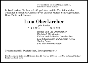 Todesanzeige von Lina Oberkircher von SAARBRÜCKER ZEITUNG