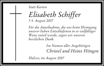 Todesanzeige von Elisabeth Schiffer von SAARBRÜCKER ZEITUNG