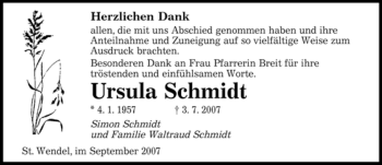 Todesanzeige von Ursula Schmidt von SAARBRÜCKER ZEITUNG