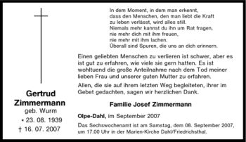 Todesanzeige von Gertrud Zimmermann von SAARBRÜCKER ZEITUNG