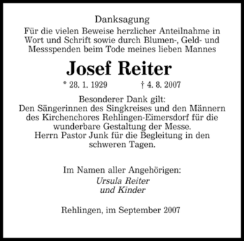 Todesanzeige von Josef Reiter von SAARLAND WEST