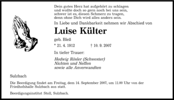 Todesanzeige von Luise Külter von STADTVERBAND SAARBRÜCKEN