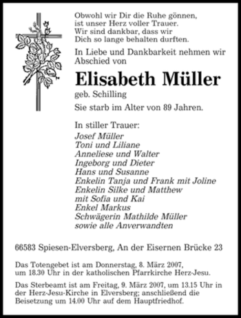 Todesanzeige von Elisabeth Müller von SAARBRÜCKER ZEITUNG
