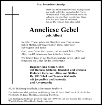 Todesanzeige von Anneliese Gebel 