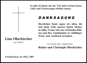 Todesanzeige von Lina Oberkircher von SAARBRÜCKER ZEITUNG
