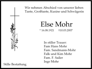 Todesanzeige von Else Mohr 
