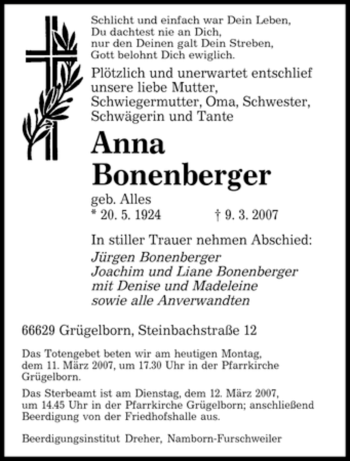 Todesanzeige von Anna Bonenberger von SAARBRÜCKER ZEITUNG