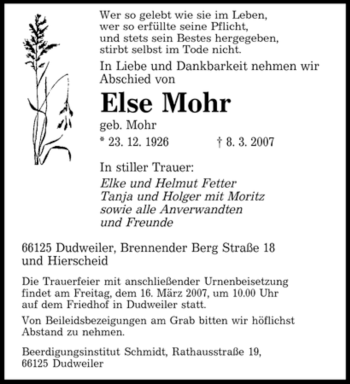 Todesanzeige von Else Mohr von SAARBRÜCKER ZEITUNG