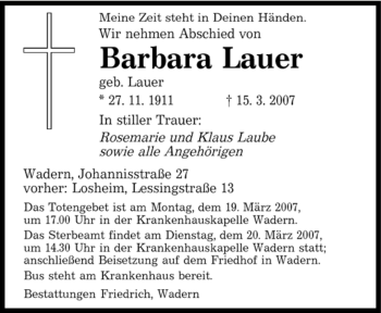 Todesanzeige von Barbara Lauer von SAARBRÜCKER ZEITUNG