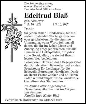 Todesanzeige von Edeltrud Blaß von SAARBRÜCKER ZEITUNG