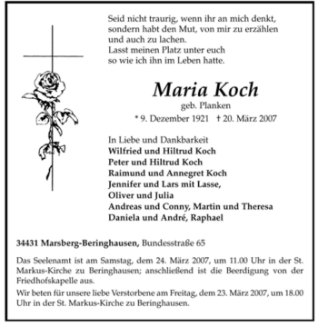 Todesanzeige von Maria Koch 