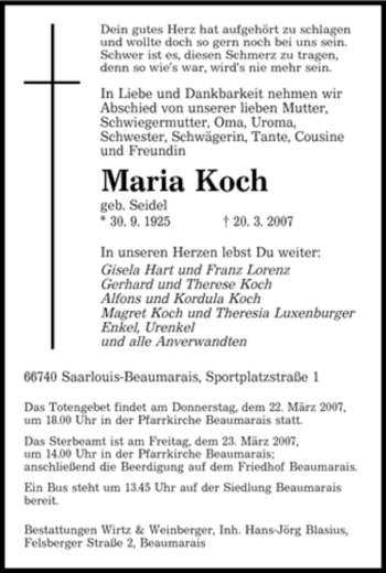 Todesanzeige von Maria Koch von SAARBRÜCKER ZEITUNG
