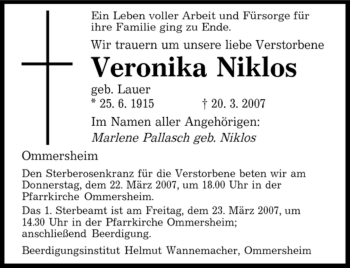 Todesanzeige von Veronika Niklos von SAARBRÜCKER ZEITUNG