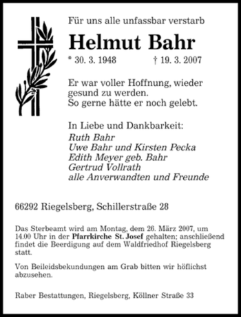 Todesanzeige von Helmut Bahr von SAARBRÜCKER ZEITUNG