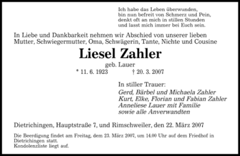 Todesanzeige von Liesel Zahler von SAARBRÜCKER ZEITUNG