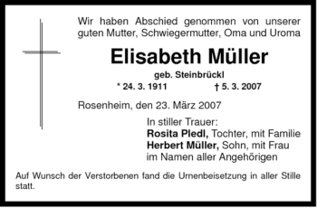 Todesanzeige von Elisabeth Müller 