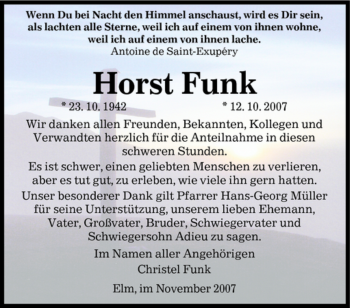 Todesanzeige von Horst Funk von SAARBRÜCKER ZEITUNG