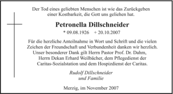 Todesanzeige von Petronella Dillschneider von SAARBRÜCKER ZEITUNG