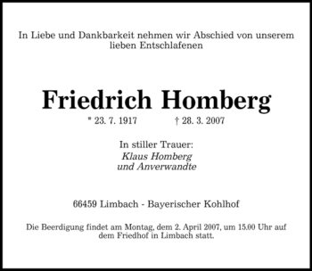 Todesanzeige von Friedrich Homberg von SAARBRÜCKER ZEITUNG