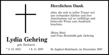 Todesanzeige von Lydia Gehring von SAARBRÜCKER ZEITUNG