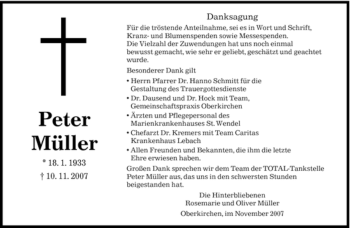 Todesanzeige von Peter Müller von SAARBRÜCKER ZEITUNG