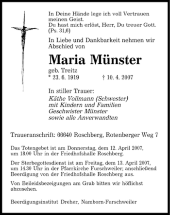 Todesanzeige von Maria Münster von SAARBRÜCKER ZEITUNG