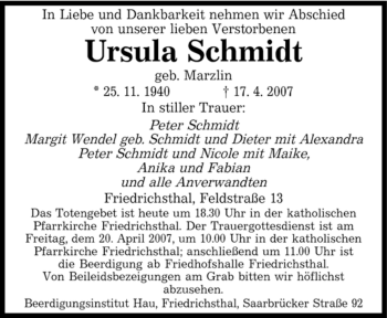 Todesanzeige von Ursula Schmidt von SAARBRÜCKER ZEITUNG