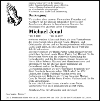 Todesanzeige von Michael Jenal von SAARBRÜCKER ZEITUNG