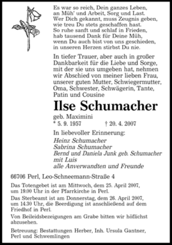 Todesanzeige von Ilse Schumacher von SAARBRÜCKER ZEITUNG