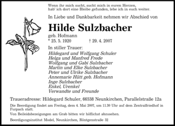 Todesanzeige von Hilde Sulzbacher von SAARBRÜCKER ZEITUNG