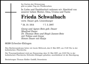 Todesanzeige von Frieda Schwalbach von SAARBRÜCKER ZEITUNG