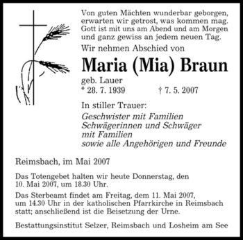 Todesanzeige von Maria Braun von SAARBRÜCKER ZEITUNG