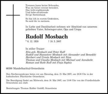Todesanzeige von Rudolf Mosbach von SAARBRÜCKER ZEITUNG