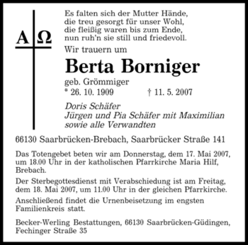 Todesanzeige von Berta Borniger von SAARBRÜCKER ZEITUNG