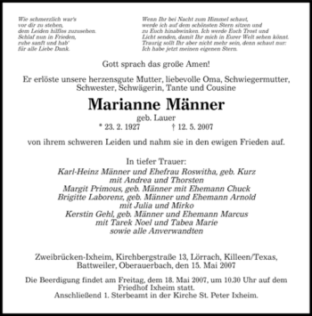 Todesanzeige von Marianne Männer von SAARBRÜCKER ZEITUNG