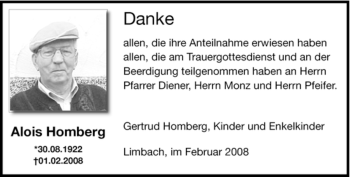 Todesanzeige von Alois Homberg von SAARBRÜCKER ZEITUNG