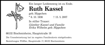 Todesanzeige von Ruth Kassel von SAARBRÜCKER ZEITUNG
