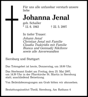 Todesanzeige von Johanna Jenal von SAARBRÜCKER ZEITUNG