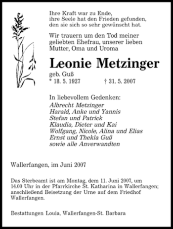 Todesanzeige von Leonie Metzinger von SAARBRÜCKER ZEITUNG