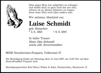 Todesanzeige von Luise Schmidt von SAARBRÜCKER ZEITUNG