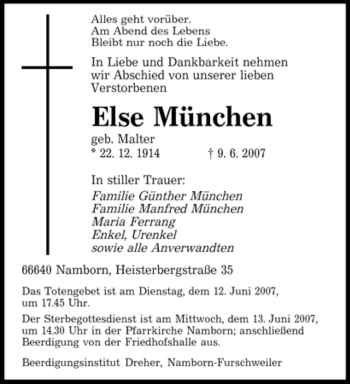 Todesanzeige von Else München von SAARBRÜCKER ZEITUNG