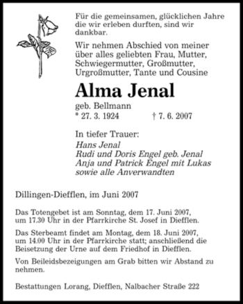 Todesanzeige von Alma Jenal von SAARBRÜCKER ZEITUNG